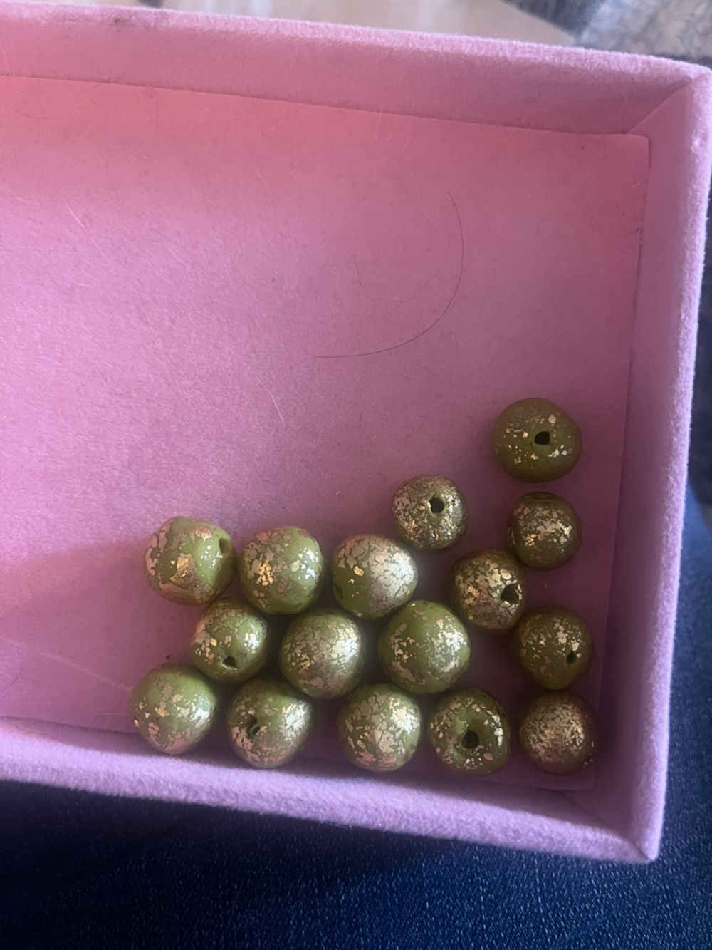 16 Hand Crafted Olive Green and Gold Flake Round Beads